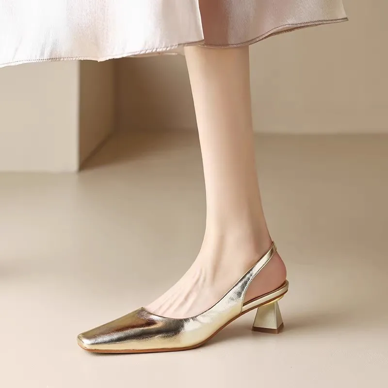 2024 Women Sandals Female Leather Square Toe Med Heel Summer Ladies golden Slingbacks Pumps Shoes Woman Party Wedding Size 35-41