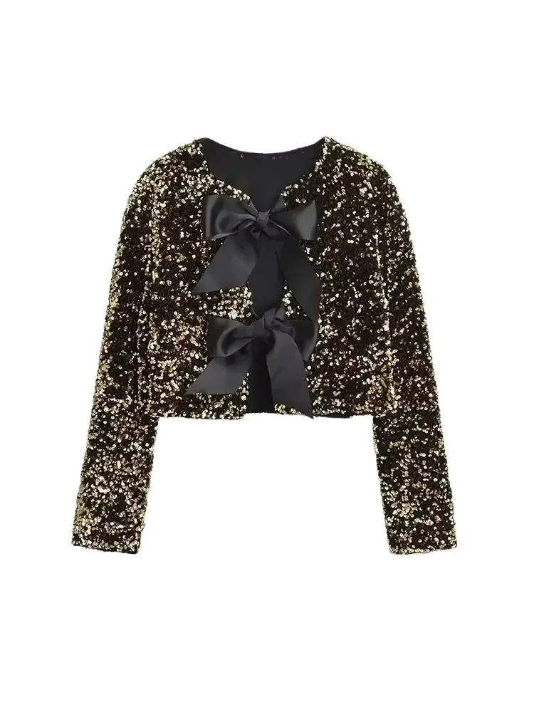 TRZA-veste courte à paillettes à manches longues pour femmes, manteau à col rond, vêtements d'extérieur pour femmes, hauts chics, nœud noué