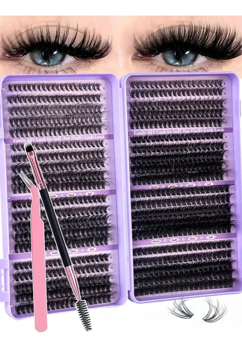 800 Stück D-Curl Flauschige Wimpernverlängerungen Set, Gemischte Längen 8-18mm, Langlebige DIY Cluster-Wimpern für Anfänger, Heim/Reise/Party-Make-up