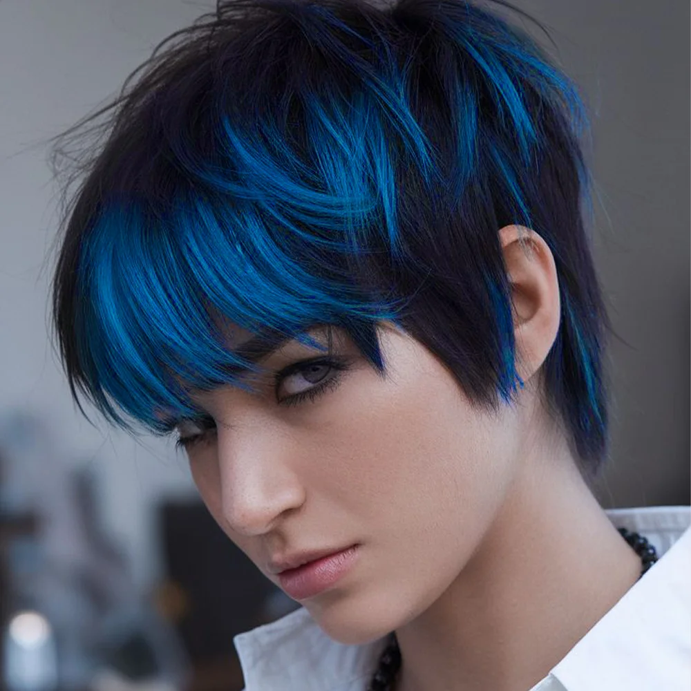 Peruca Curta de Cabelo Humano de 4 Polegadas, Peruca Pixie Cut, Cabelo Brasileiro Liso, Peruca de Cabelo Preto e Azul, Pré-arrancada, Feita à Máquina