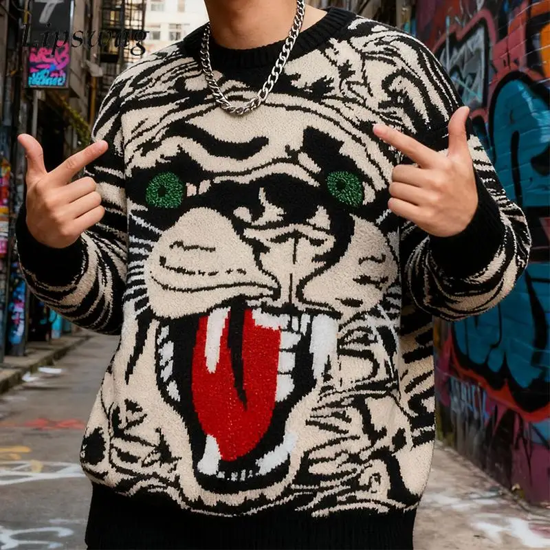 

Y2K Style Mens Sweater Knitting O Neck Long Sleeve Jumper Tops Men 2025 Fall Winter Vintage Tiger Graphic Sweaters Streetwear
