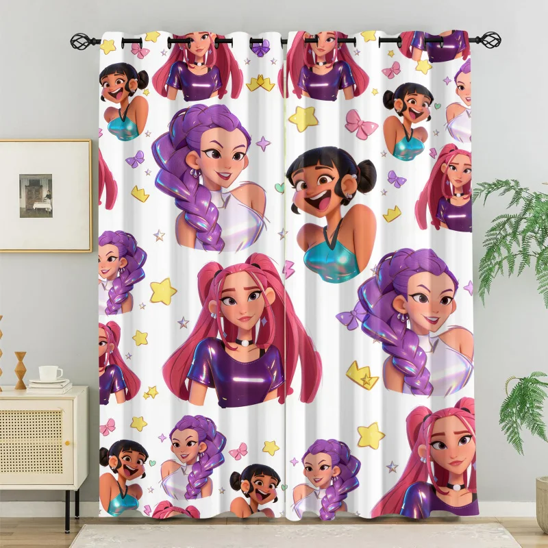 2pcs Kpop Anime Girls Curtains Cute Character Collage Print Blackout Curtains White Background With Star Bow Window Drapes