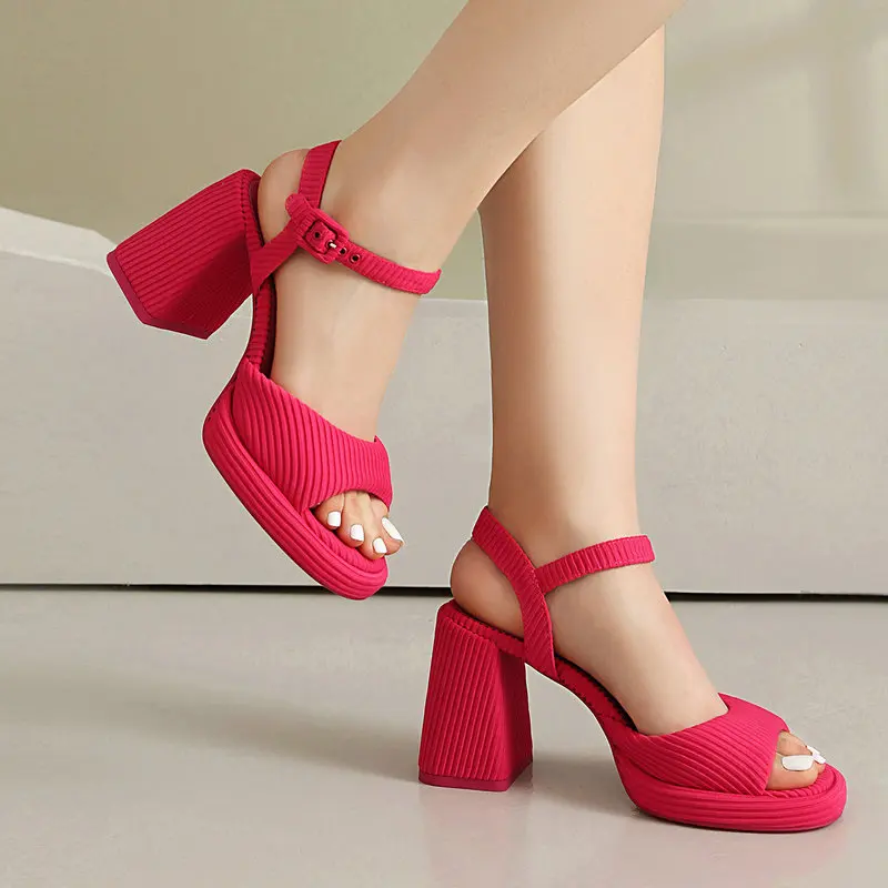 

Luxury Brand Rose Pink Black Chunky High Heels Wedding Bride Shoes Ankle Buckle Strap Open Toe Platform Comfortable Sandals