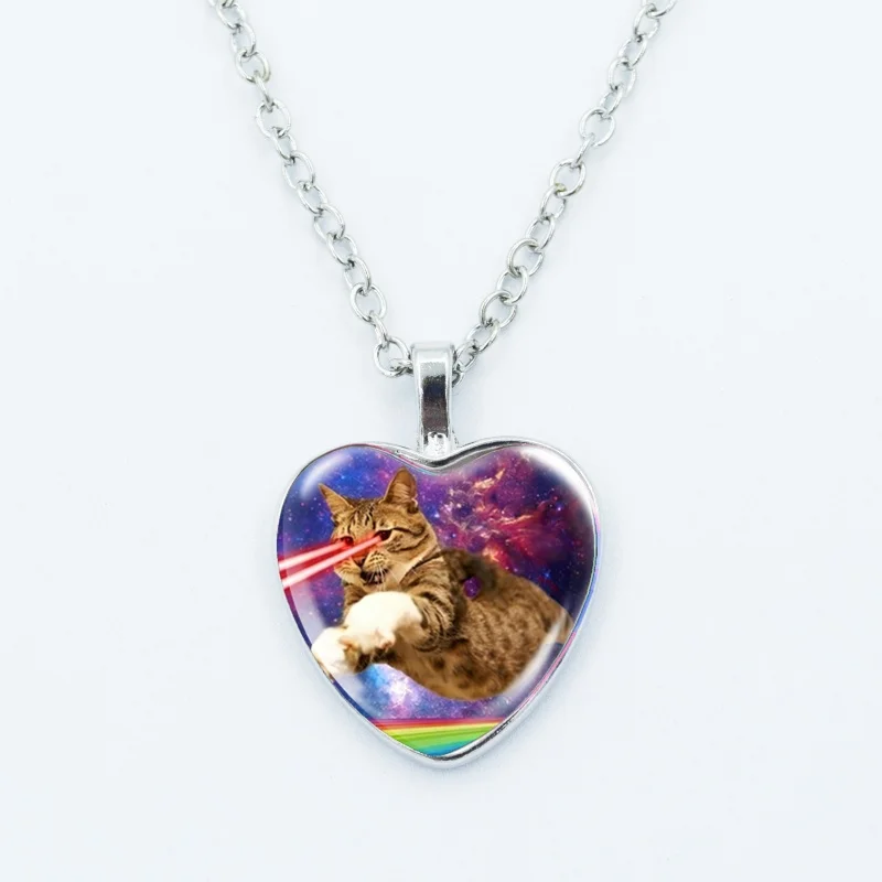Kreative lustige Katzen-Memes-Herz-Anhänger-Halskette, Tierform, Kunstfoto, Glas-Cabochon-Schmuck, für Kinder und Frauen – Detail 9