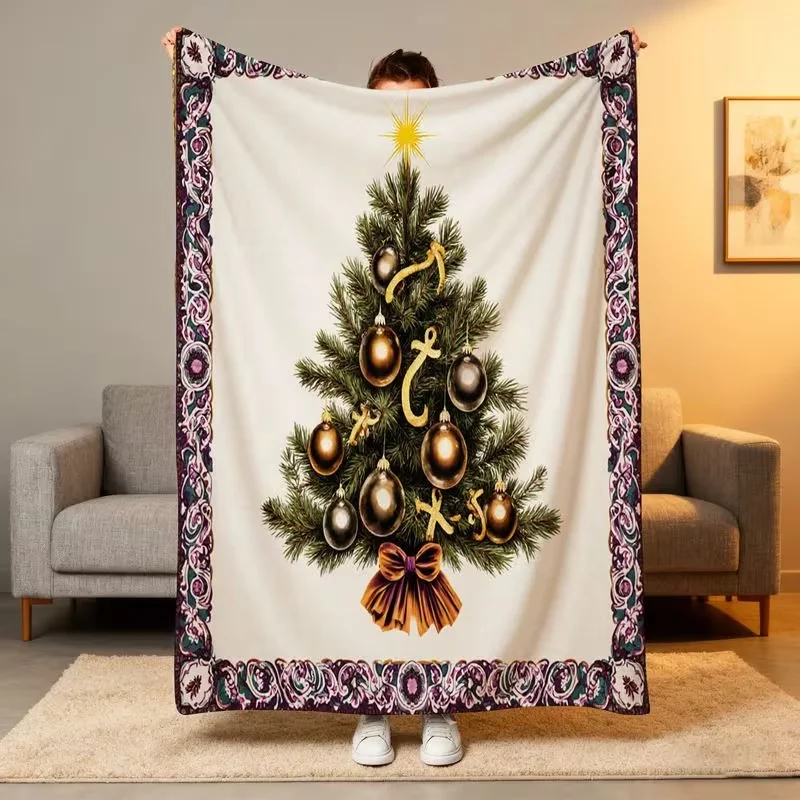 Retro Xmas Tree Gift Box Print Blanket Soft Cozy Warm Throw Blanket for Sofa Bed Couch Christmas Holiday Home Decor