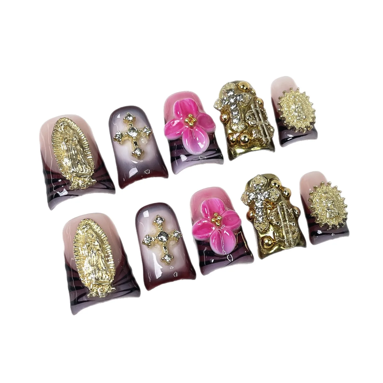 10 pezzi fatti a mano stampa sulle unghie 3D rilievo rosa fiore rosso a becco d'anatra stile francese unghie finte retro luce lusso punte per unghie finte