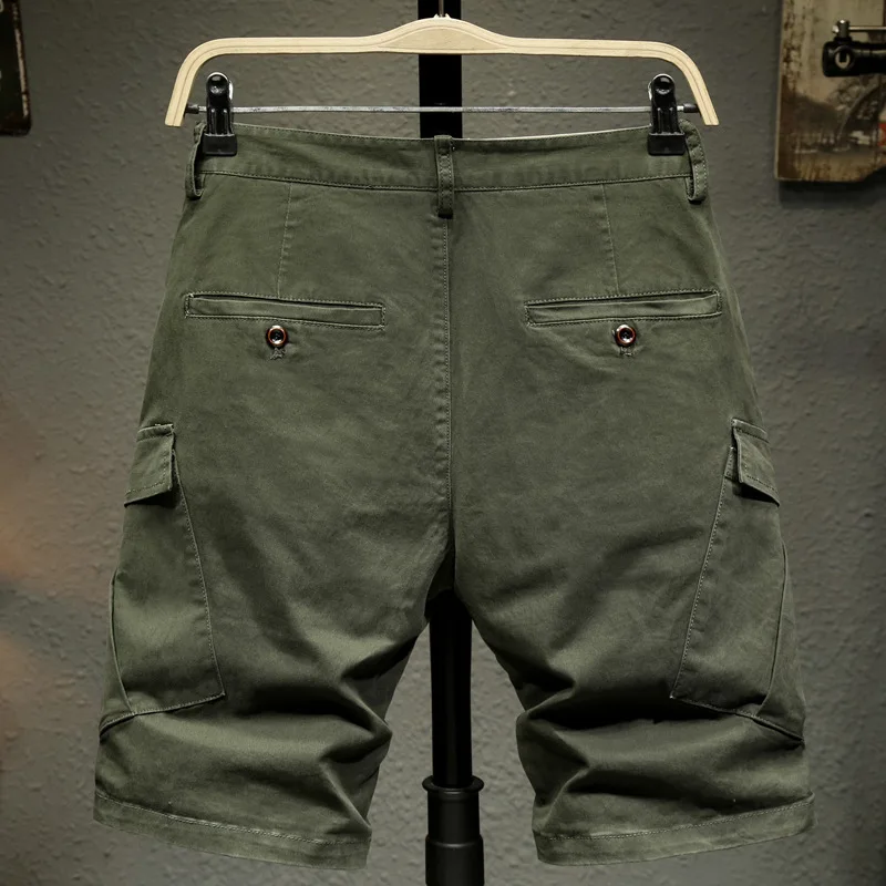новые хлопковые эластичные рабочие брюки с несколькими карманами для мужчин, свободные прямые брюки, универсальные для молодежи, деловые и повседневные тонкие шорты.