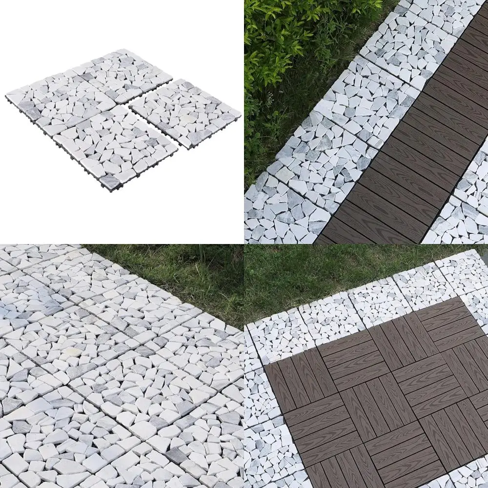 

pure era natural real stone interlocking floor deck tiles indoor outdoor use 12"x12" (4pcs, 4 sq. ft, sliced grey and white)- gr
