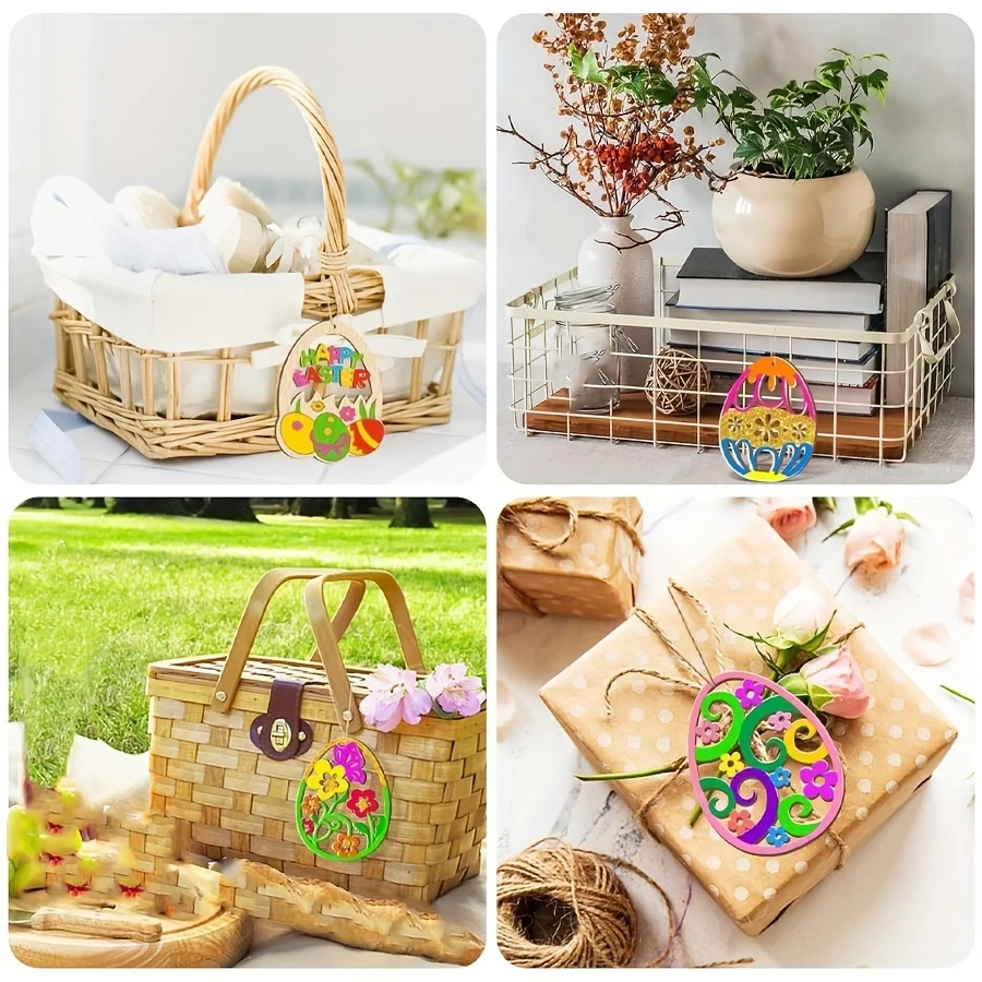40pcs Wooden Easter Bunny Egg Blanks Easter Decoration Unfinished Paintable Festive Pendant Hanging Ornaments DIY Craft Supplies