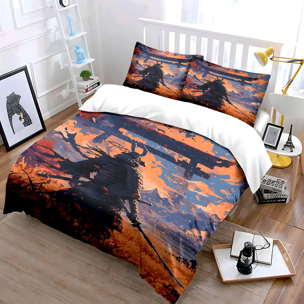 Samurai with Sunset Torii Background Bedding Set for Kids Luxury Gift 3pcs Digital Print Comforter Set Soft Comfortable