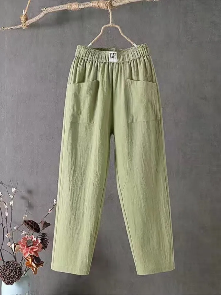 

New Cotton Linen Casual Pants For Summer Women's Loose Slimming Solid Color Loose Straight Leg Cropped Pants