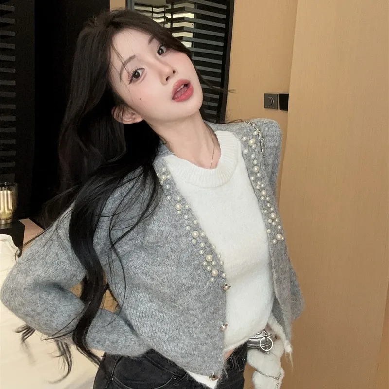 الخريف الشتاء المرأة فضفاضة V-Ne محبوك سترة Thiened طويلة Sve قاعدة طبقة irt لينة مريحة Sle وهمية تصميم قطعتين