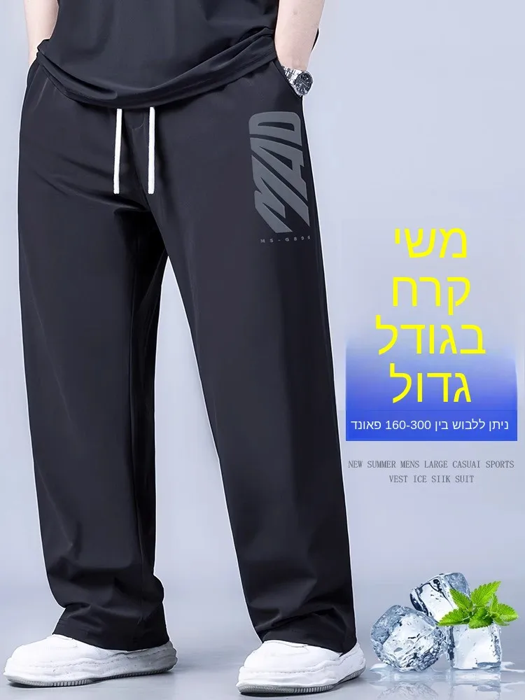 

plus Size Men's Ice Silk Casual Pants Loose Fit Summer Leisure Trousers Straight Leg Elastic Waist Non-iron Long Trousers