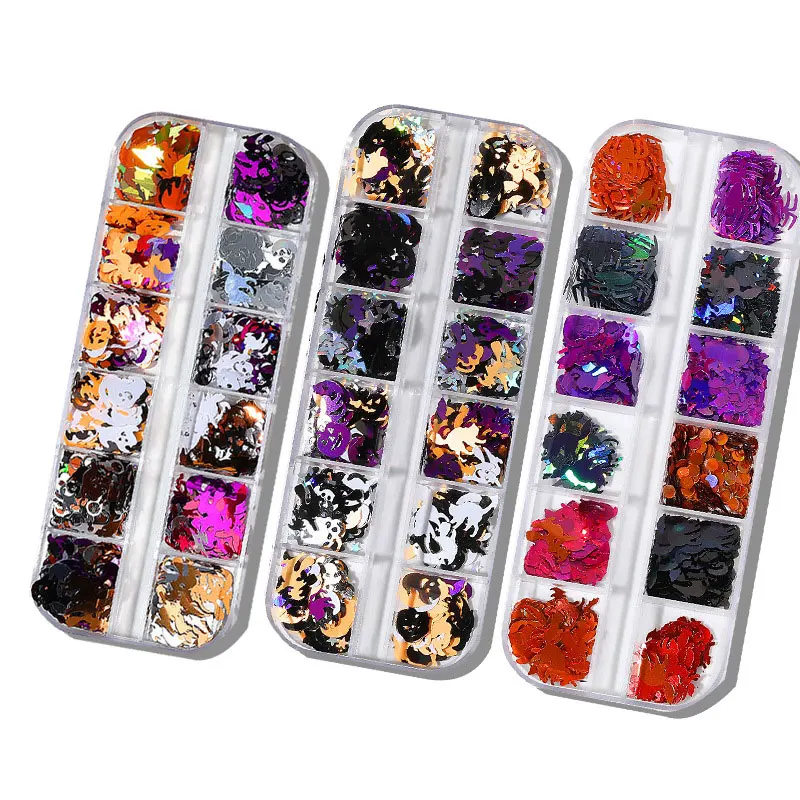 New Halloween Nail Art Jewelry Glitter Sequin Holographic Skull Spider Cat Bat Nail Decal DIY Nail Art Decoration