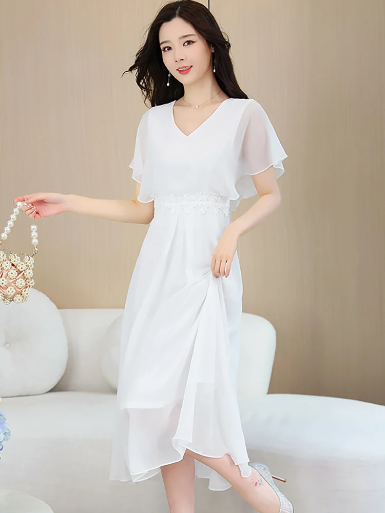 White V-Neck Sexy Party Dress for Women Summer Casual  Vacation Beach Long Dress 2024 Korean Fashion Bodycon Evening Midi Dress