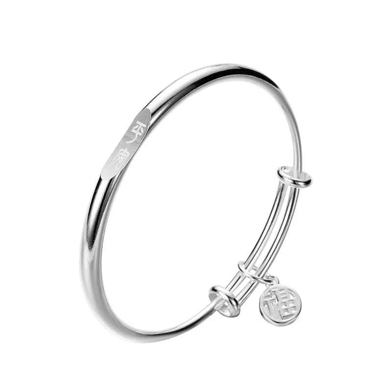 Silver Plated Vintage Bell 'Blessing Be Safe' Lucky Clover Bamboo Heart Bangle for Women Girls Jewelry Gift Lady