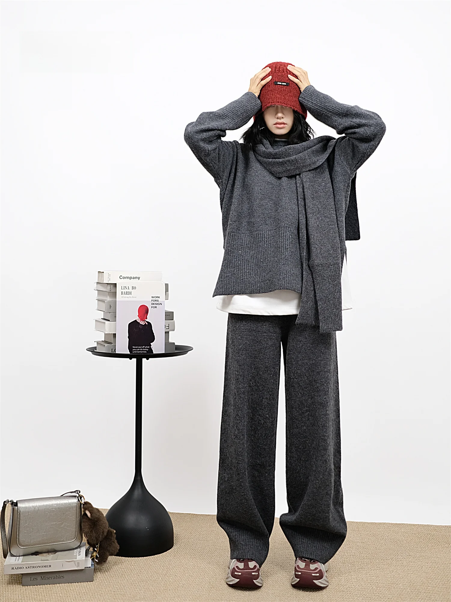 

Ladies Casual Knitted Sweater Scarf Wide Leg Pants Tee Piece Set Loose Fit Comfortable Winter Faion Ensemble Warmth Guara...