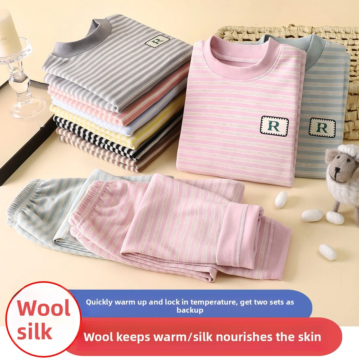 Baby Warm Clothing Set Fleece Lined Children Boys Girls Striped Underwear Sleepwear Set Ideal for Home Pajamas Autumn Winter