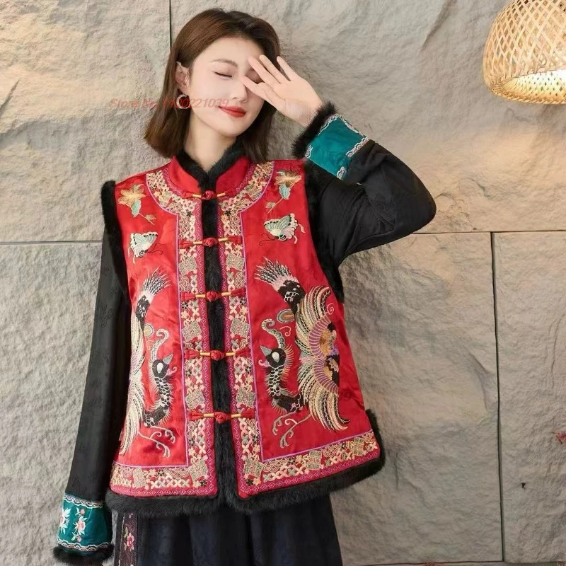 

2025 chinese vintage hanfu tops national flower embroidery ethnic vest retro satin jacquard cotton-padded vest sleeveless jacket