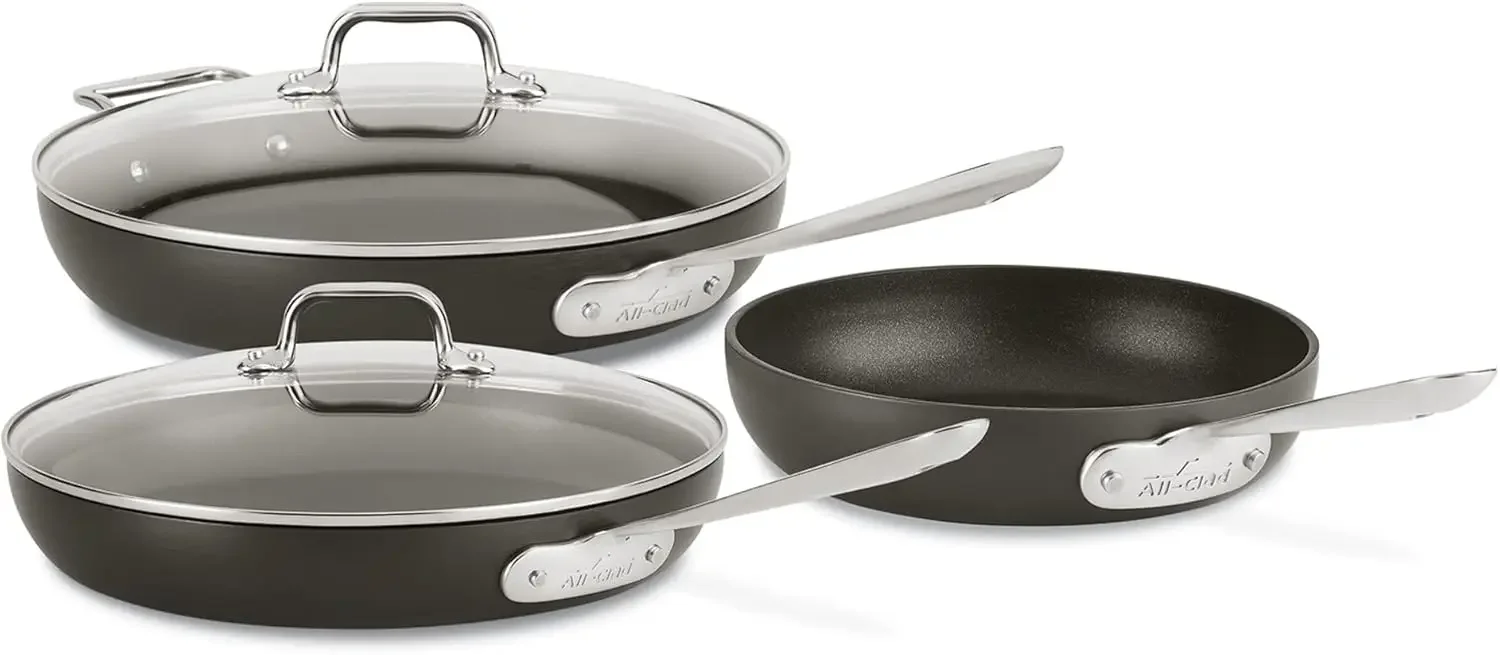 Hard Anodized Non Stick Fry Pan Set 3 Piece, 8, 10, 12 Inch, Induction, Oven Broiler Safe 500F, Lid Safe 350F, Skillets, Frying