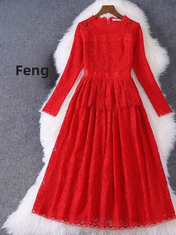 

Red plus Size Wedding Dr Slim Fit Long Sve High Waist Lace A-Line Gown Ele Hollow out Bridesmaid Dr for Wedding ...