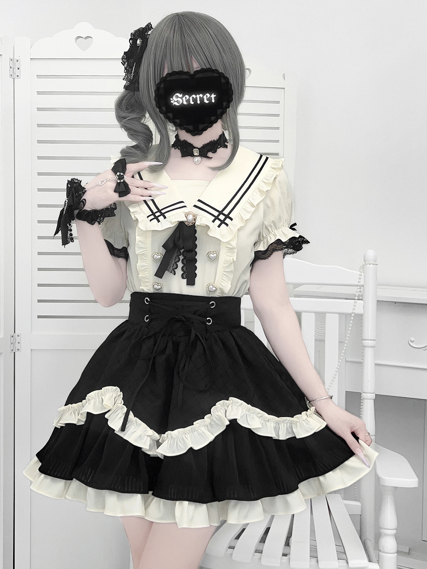 Estilo japonês produzido em massa subcultura gola marinha manga bufante coração botão camisas cintura alta saia de renda conjunto de duas peças feminino