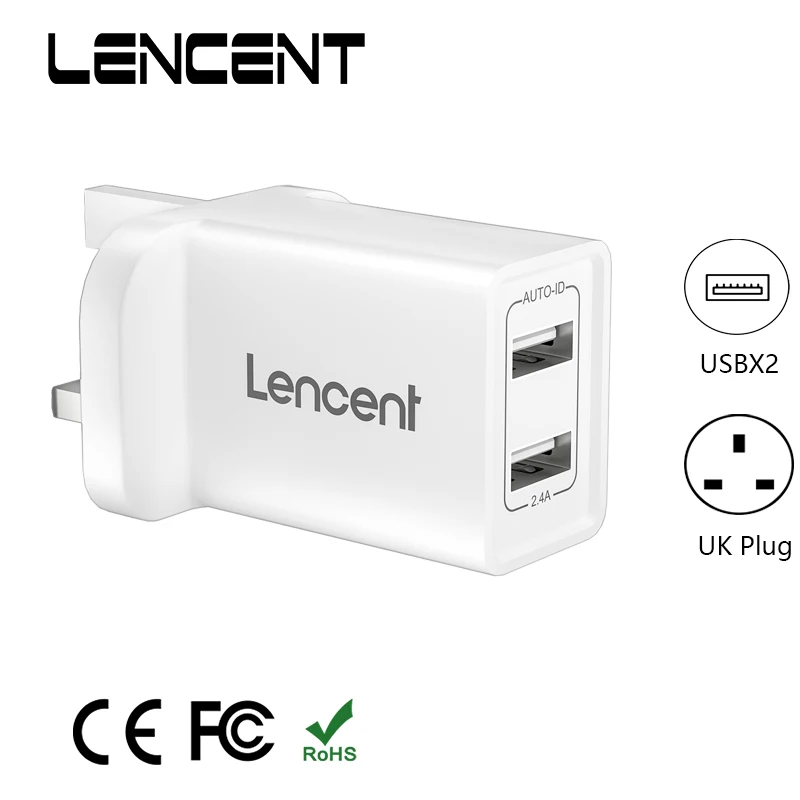 لينسنت 1 قطعة USB الجدار شاحن مع 2 منافذ USB 5 فولت/2.4A المملكة المتحدة الرئيسية محول الطاقة التوصيل مع الذكية IC التكنولوجيا آيفون باد