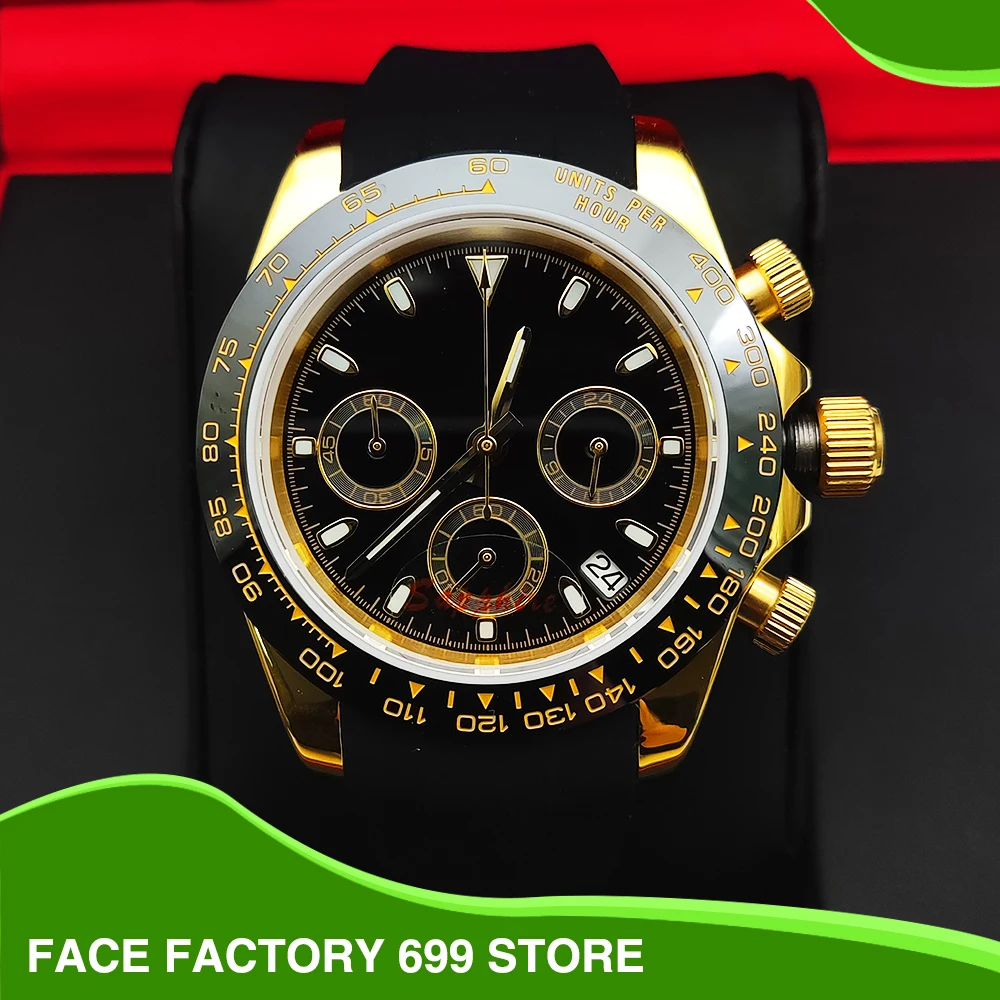 

Luxury Black Gold Gold Three Eyes Chronograph Panda Aseptic Dial Luminous Quartz Watch VK63 Caliber Sapphire Glass Men's Watch