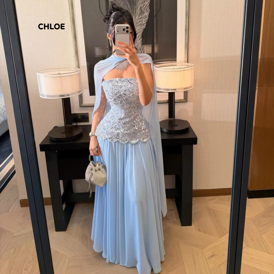 

Line A Elegant Evening Dresses for Woman Luxury Women's Evening Dresses for Special Occasions Customized Blue Sleeveless Shawl