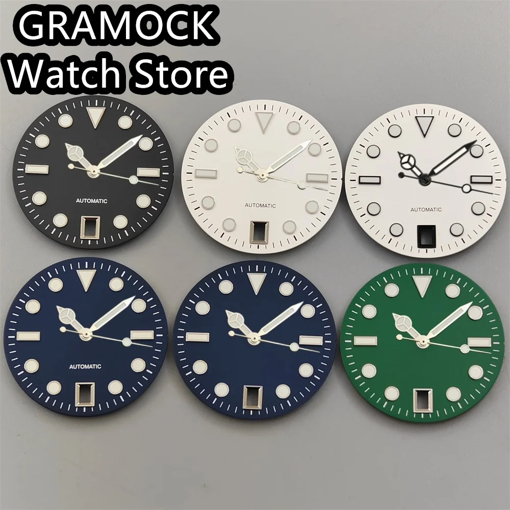GRAMOCK 29mm esfera de reloj con manecillas verde luminoso 6 en punto ventana de fecha borde plateado/negro índice ajuste movimiento NH35
