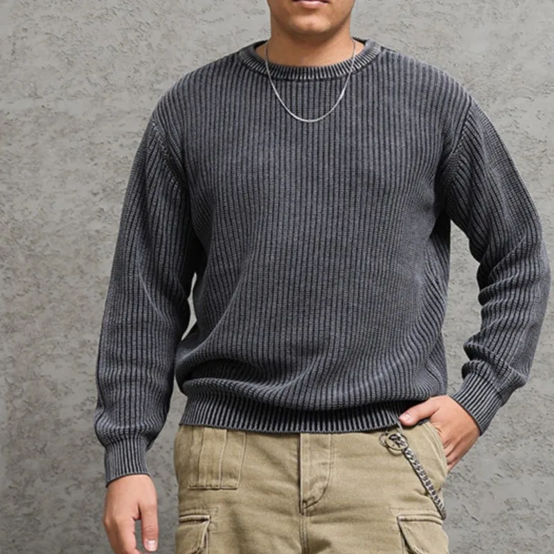 Amekaji Pure Cotton Wire Pullover Leisure Sweater Dyed Old Long-Sleeved Sweater Kaji Retro New