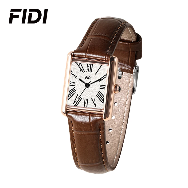 

FIDI Womens Square Quartz Watch Leather Strap 3ATM Waterproof Roman Numeral Dial Elegant Dress Wrist Watch for Ladies