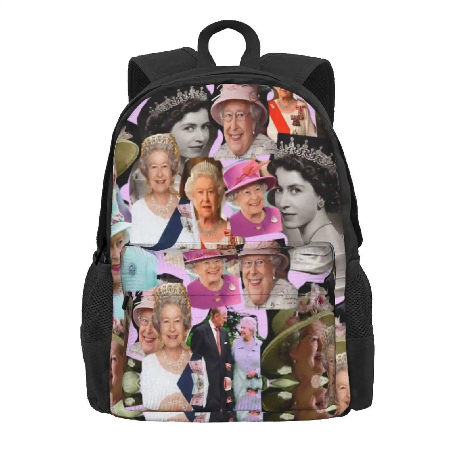 Hrh Queen Elizabeth Ii Hot Sale Schoolbag Backpack Fashion Bags Queen Uk Great Britain Elizabeth Hrh Pop Art Collage