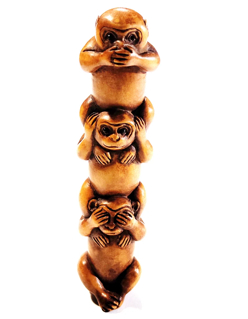 

F006 - 30 Years OLD 11 CM Tall Hand Carved Boxwood Netsuke -3 No Evil Monkeys