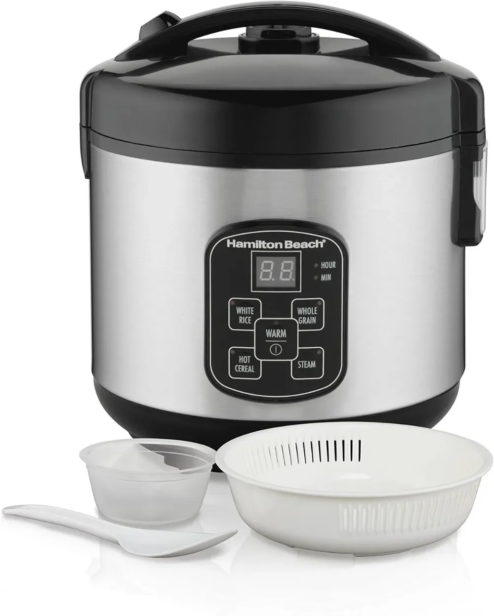 

Digital Programmable Rice Cooker & Food Steamer, 8 Cups Cooked (4 Uncooked), with Steam & Rinse Basket, Stainless Steel