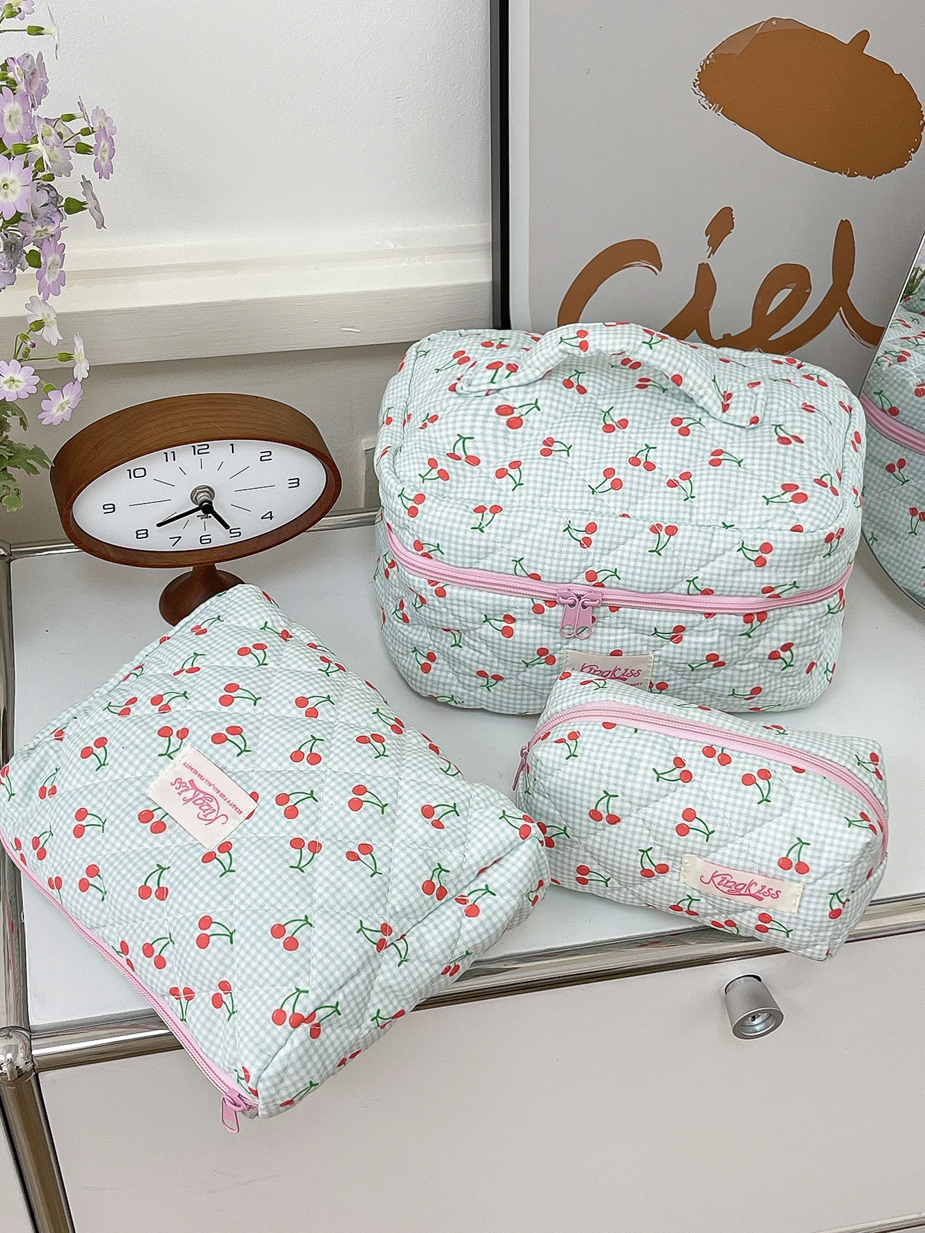 1 unid/set de bolsa de maquillaje acolchada con estampado de cuadros y cereza, bolsa de cosméticos de gran capacidad, conjunto de bolsa de maquillaje, bolsa de maquillaje, organizador de cosméticos