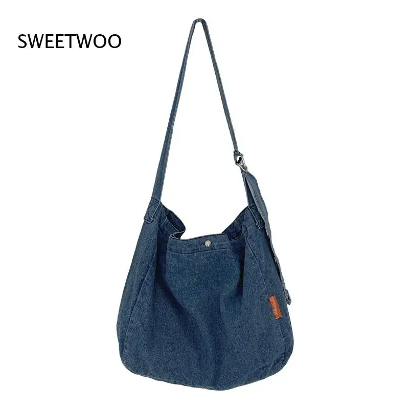 Casual Washed Denim Crossbody Bag Adjustable Wide Strap Large Capacity Soft Jean Shoulder Bag for Daily School and Street Style view 5