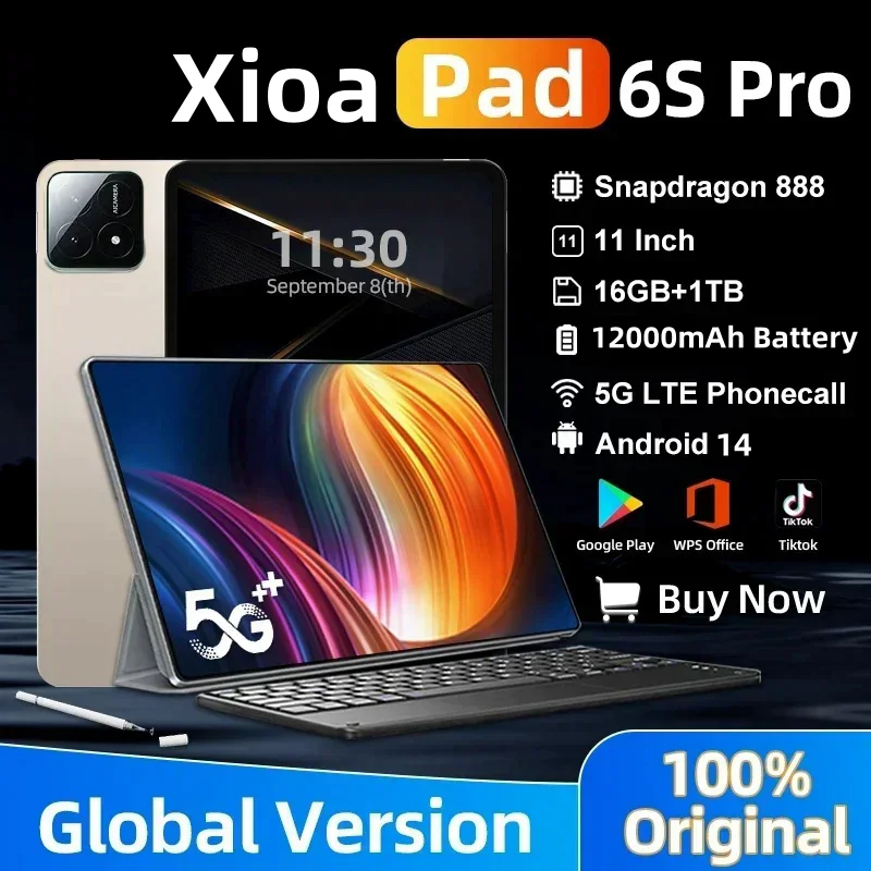 Новинка, Оригинальный планшет 6S Pro, 11 дюймов, HD, 4K, Android 14, Snapdragon 888, 16 ГБ + 1 ТБ, 12000 мАч, телефон с двумя SIM-картами и Bluetooth