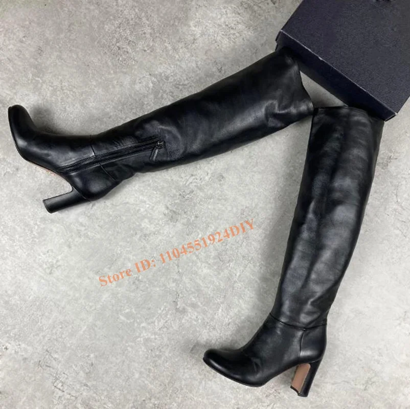 

Over Knee High Boots Round Toe New Black Leather Women Booties Thick Heel Tall Thigh High Glaiator Bota