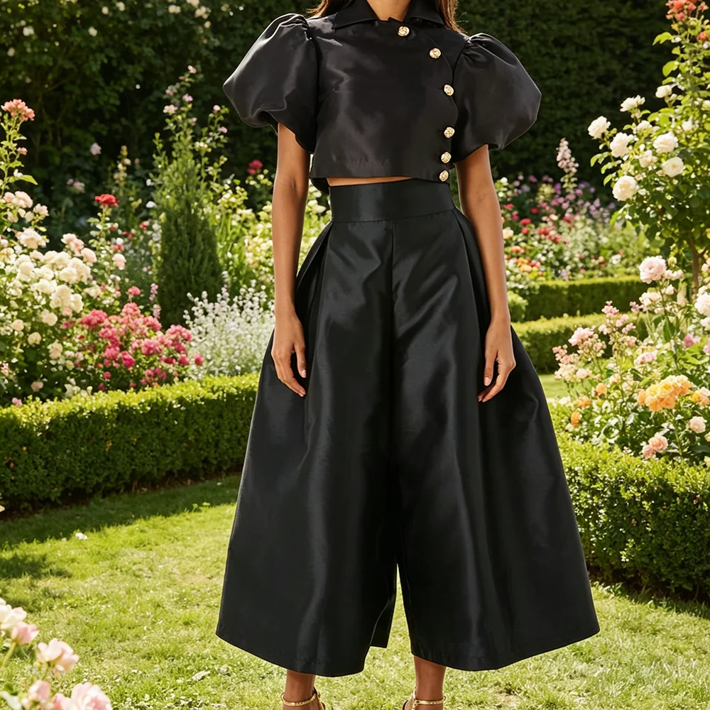 Black Satin O-Neck Puff Sleeve Jumpsuit Evening Dress
