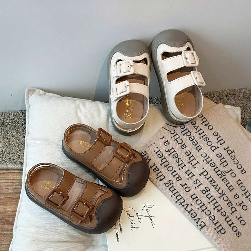 Fashion Belt Buckle Sandals for Kids Baotou Hollow Beach Shoes Children Soft Sole Non-slip Sport Sandals Boys Girls Size 23-33