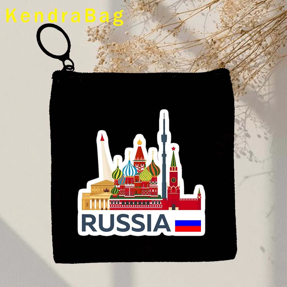 Russian Doll Girl Matryoshka Bear Folk Flower Moscow Kremlin Russia Flag Key Coin Purse Canvas Bag Pouch Bag Wallet Zipper Gifts