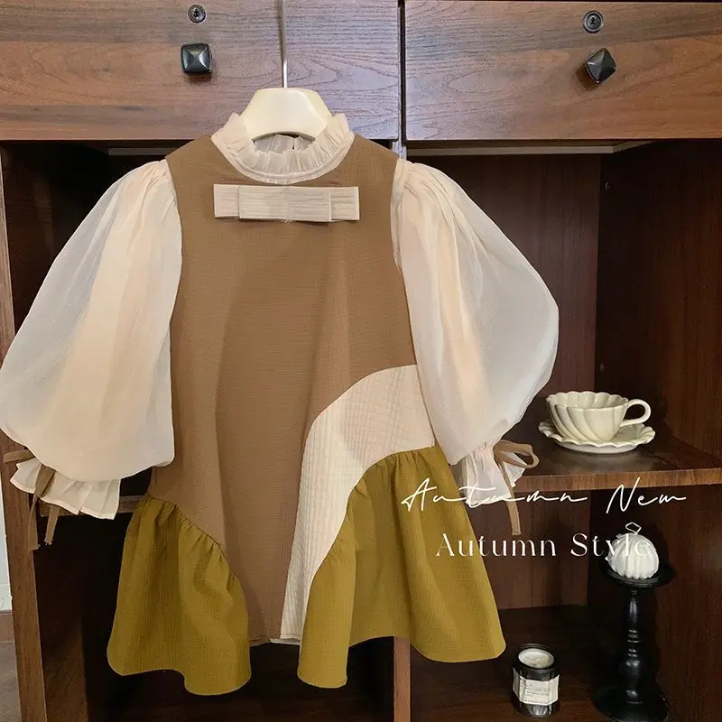 

Girls Color Contrast Patchwork Sleeveless Sweet Bow Girl's Clothing 2025 shirt