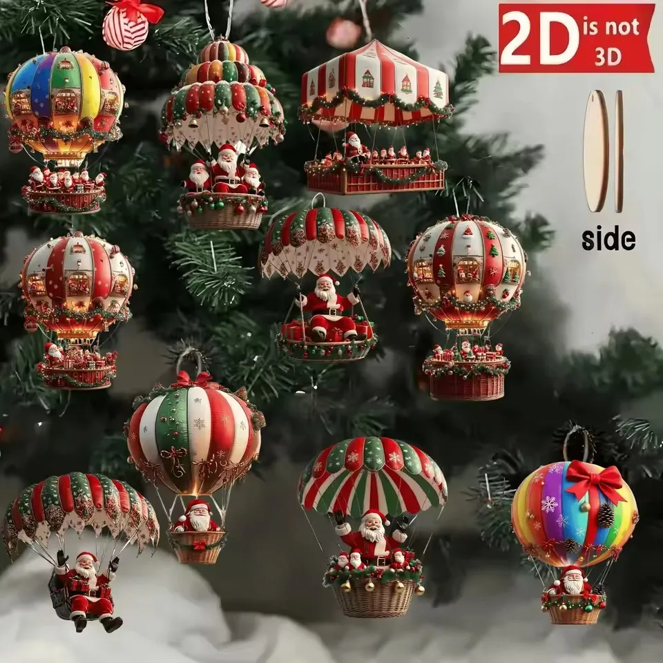 10 Stück Weihnachts-Heißluftballon aus Holz, Weihnachtsmann, 2D-flacher Holzanhänger, Weihnachtsbaum-Dekoration, perfektes Weihnachtsgeschenk, Dekor