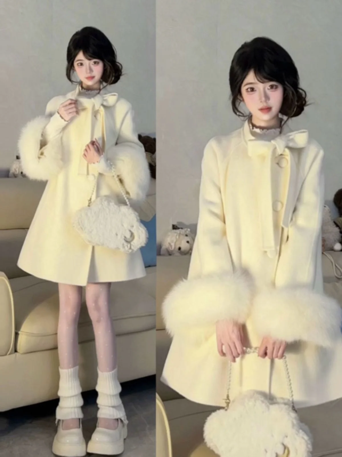 

Elegant Double-Sided Woolen Cloak Coat Medium-Length Loose Fur Sleeve Knot Woolen Jacket Women's Fashion Outerwear