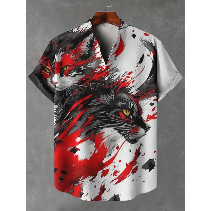 

2025 New Linen Comfortable Fabric Asian Style Retro Pattern Printed Men's Short Sleeved Shirt Casual Wear Button Top