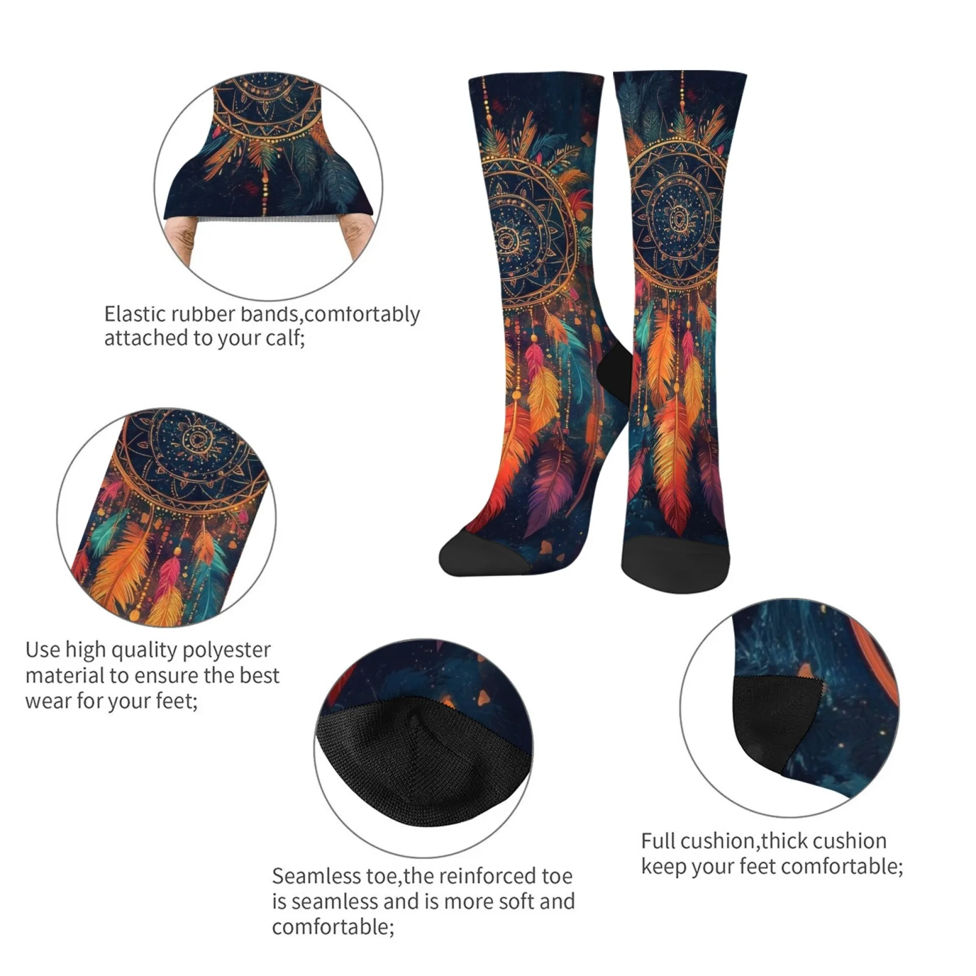 原宿レトロエスニックスタイルドリームキャッチャーパターンプリントメンズソックス、斬新なストリートトレンドエスニックスタイルクルーソックスパーティーギフト