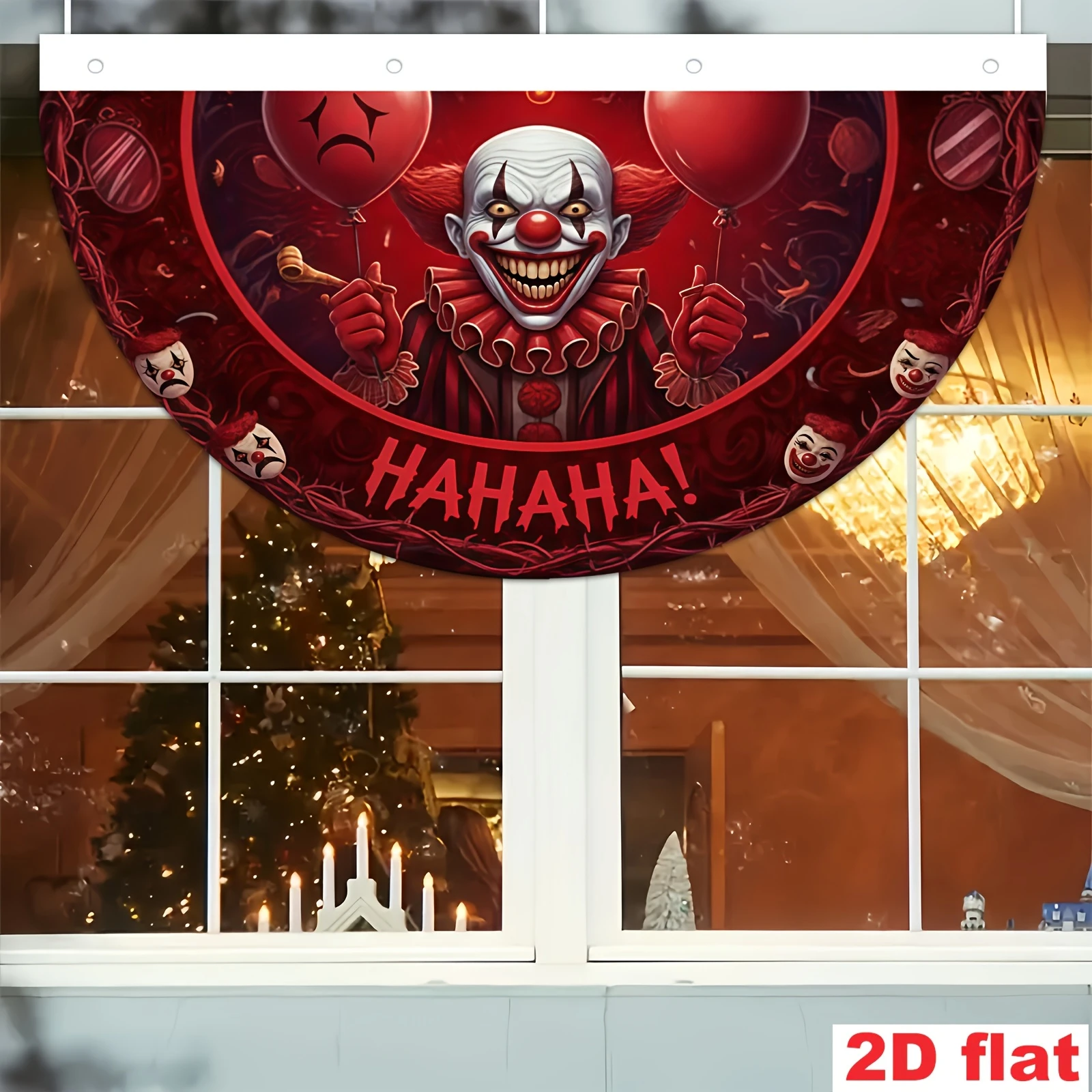 VIKAMA Scary Red Circus Clown Half Round Banner Blood Red Halloween Horror Fabric Fan Flag Indoor Outdoor Fence Porch Decor