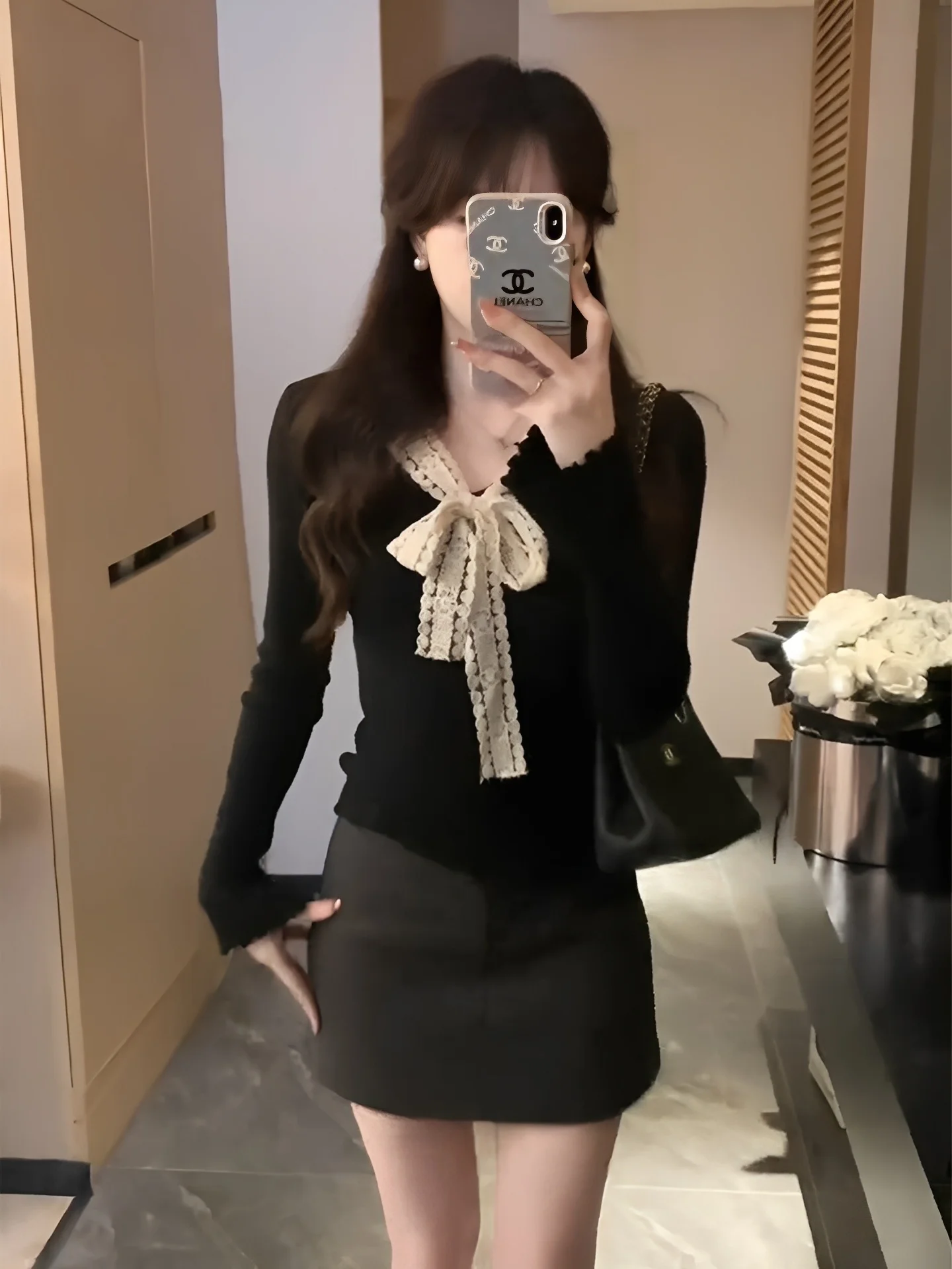 

Французский вязаный свитер с кружевным узлом и V-образным вырезом, женский облегающий базовый топ с длинными рукавами, мягкий, с дизайном в горошек