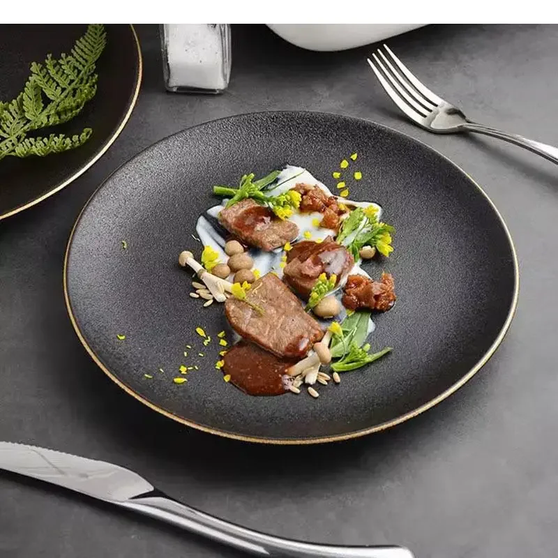 Solid Color Gold Ceramic Flat Plate Restaurant Dessert Steak Pasta Plates Molecular Cuisine Specialty Tableware